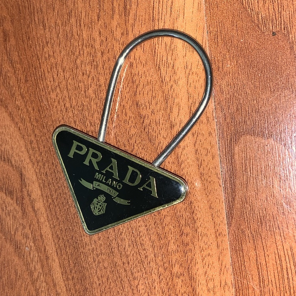 Authentic PRADA Vintage Metal Logo Key Ring Charm Black M285